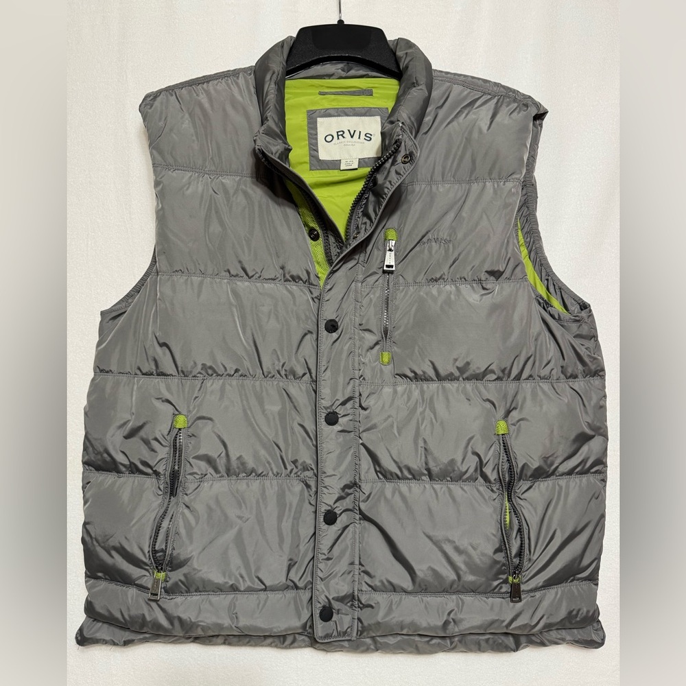 ORVIS Mens Vest Jacket XL Gray Green Essex Duck Down Puffer Pockets Full Zip